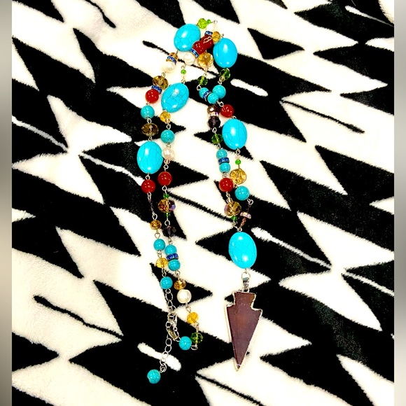 L&F Jewelry - NWOT Muliti-Color Beaded Wood & Silver Arrow Long Necklace